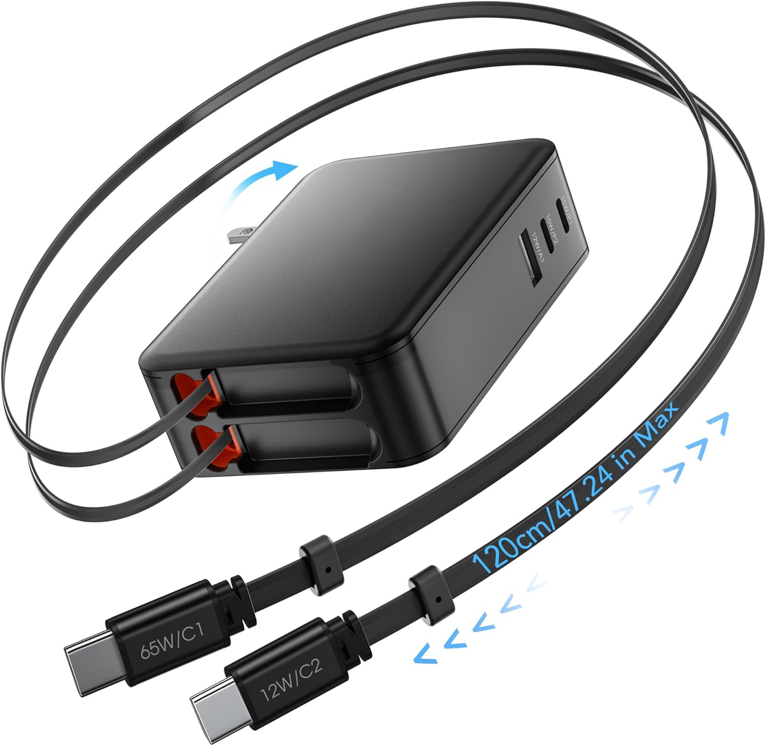 Five-in-one wall-plug charger with retractable cables and foldable plug