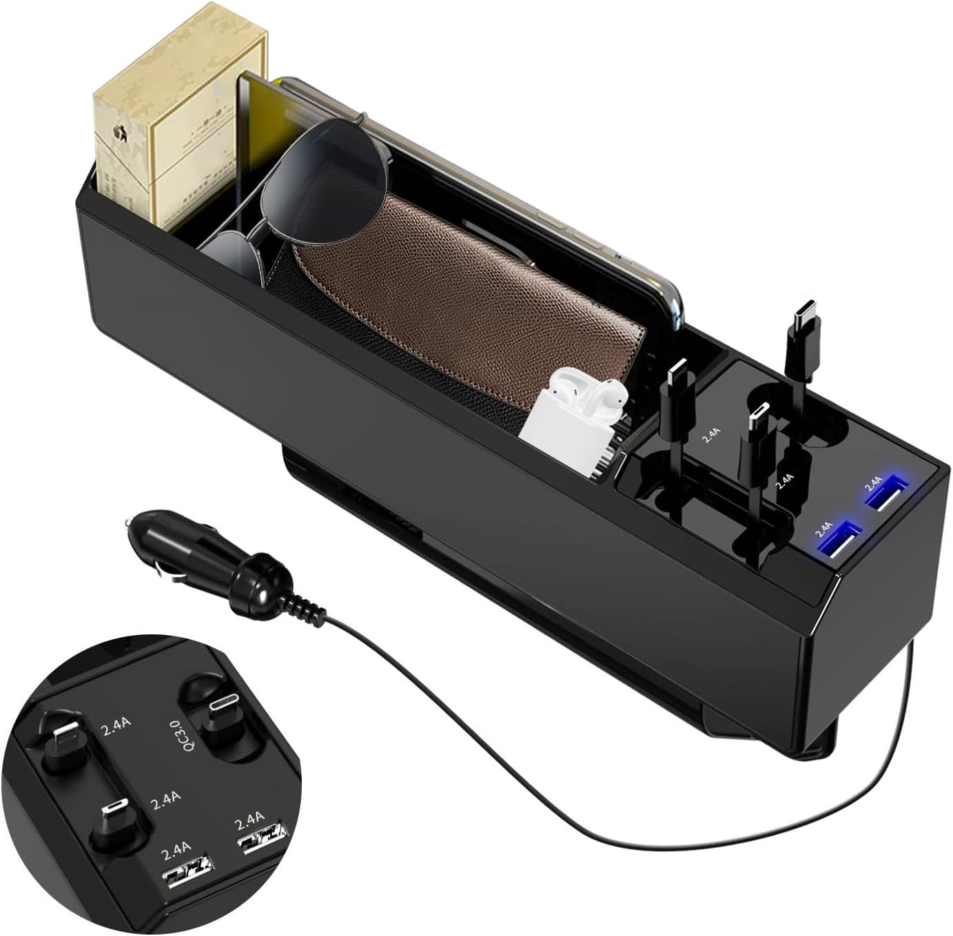 Classic seat-gap storage box with a visible charging panel and vehicle power lead