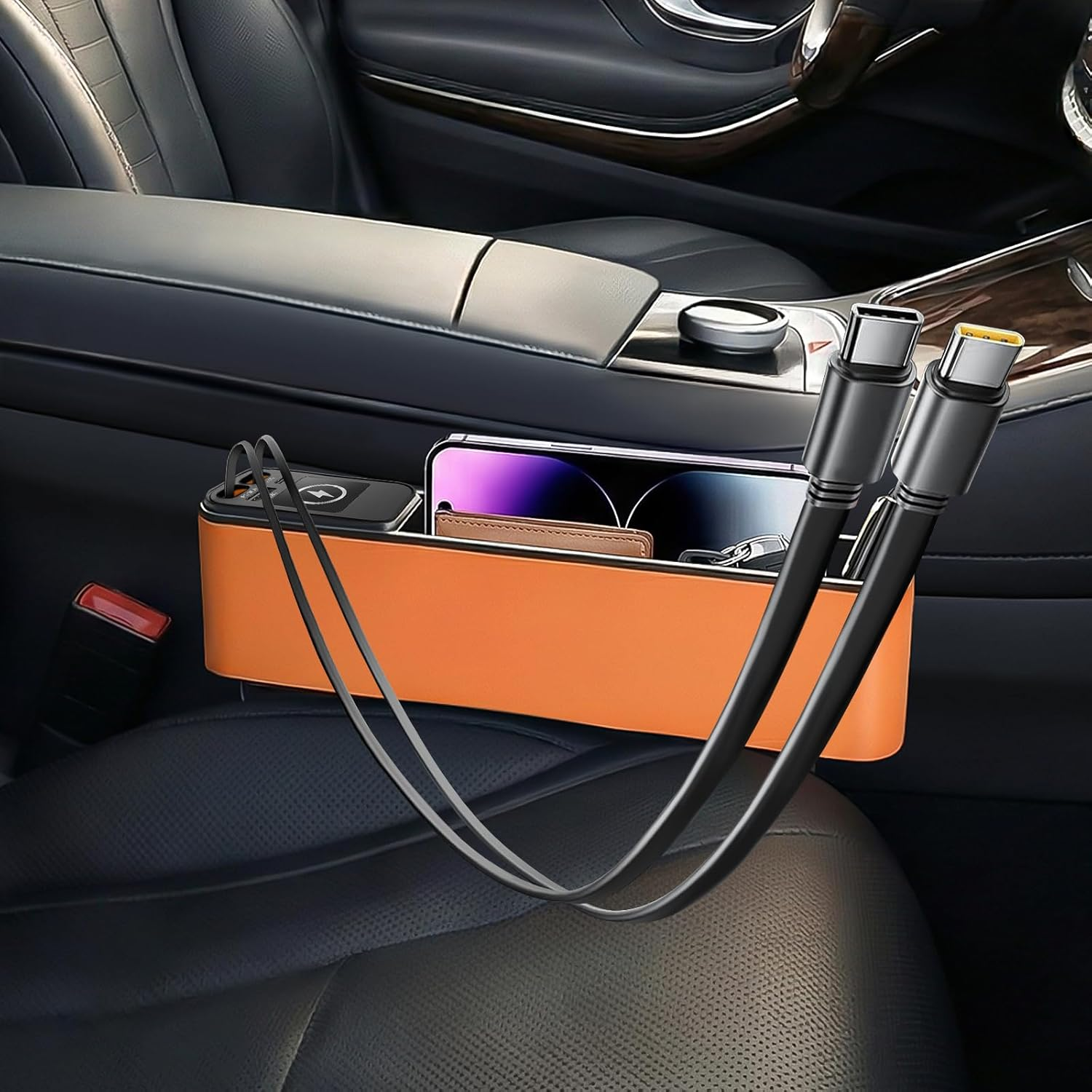 Orange-accent seat-gap storage organizer shown beside a car seat